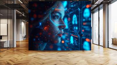 freelance online service concept is depicted through digital cards featuring profile information, face photos, and blue human signs, set against an abstract dark background, creating a visually capti Wall mural