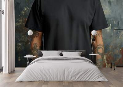 black t-shirt mockup, mockup tshirt, t shirt hanging, male model Wall mural