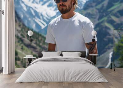 white tshirt mockup, man model, mountains Wall mural