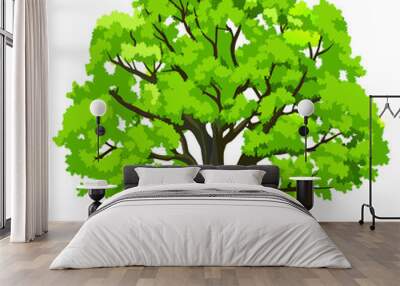 A lush green tree depicted with a full canopy and detailed branches. The tree is illustrated against a white background, emphasizing its rich foliage and natural beauty Wall mural