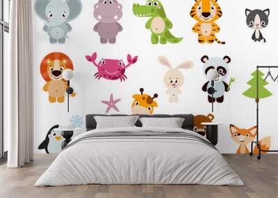 Big set isolated animals. Vector collection funny animals. Cute animals: forest, farm, domestic, polar in cartoon style. Giraffe, elephant, crab, rabbit, fox Wall mural