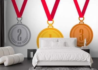 Gold medal. Silver medal. Bronze medal. Gold medal icon. Silver medal icon. Bronze medal icon. Medal set. Vector set. Isolated medal on the white background. Vector illustration Wall mural