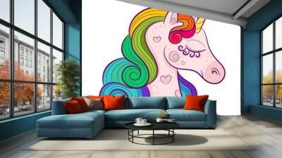 Head of cute white unicorn with rainbow mane isolated on white background. Vector illustration Wall mural