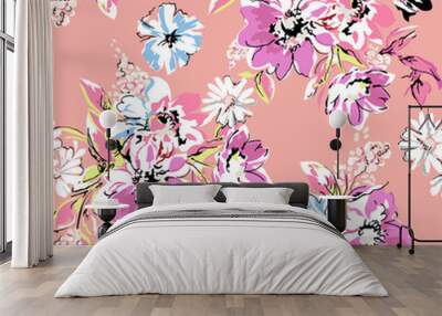 cute hand drawn flower print - seamless background Wall mural