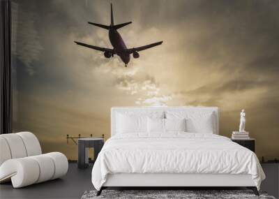 Airplane landing at dusk. Wall mural