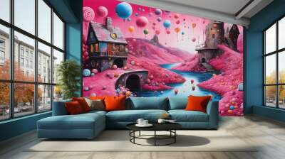 Sci-fi pink surrealistic chaotic fairy tale candy castle another world on the river, filled with cotton candies and lollipops. Wall mural