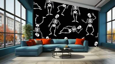 Seamless pattern with the image of skeletons in different poses. Design for paper, textile and decor. Vector illustration. Wall mural