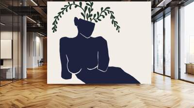 Vector illustration with female silhouette and foliage. Woman statue with a plant from the head. Artwork, abstract wall art. Minimalistic poster in blue and green colors. Wall mural