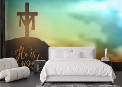 christian easter scene, saviour's cross on dramatic sunrise scene, with text he is risen, illustrati Wall mural