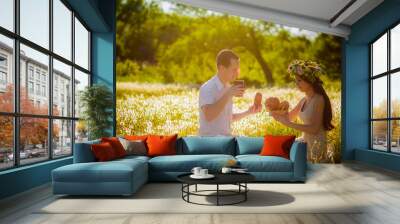 Young beautiful couple relaxing on the meadow with dandelions  Wall mural