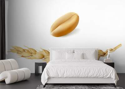 Wheat.
Hand drawn vector illustration of ripe, golden yellow wheat ear and seed on white background, in highly detailed realistic stile. Wall mural