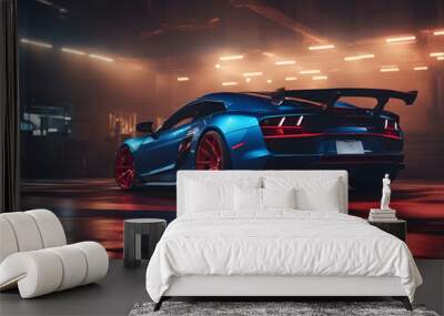 features a red and blue custom sport car with dazzling glowing light. created with generative ai technology  Wall mural