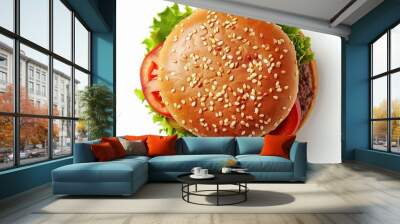 One delicious hamburger top view isolated on a white background Wall mural