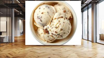 One white paper glass of decor Butter Pecan ice cream scoops top view isolated on a white background Wall mural