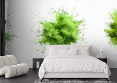 Set of green color explosion of holi powder isolated on a transparent background Wall mural