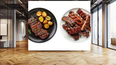 Set of  grilled beef steaks and Barbecue ribs on a plate top view isolated on a transparent background Wall mural