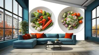 Set of plate different type of healthy vegetables on a white bowl isolated on a transparent background Wall mural