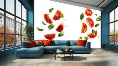 Tomato with half slices falling or floating in the air with green leaves Isolated on a transparent background Wall mural