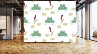 Cute hand drawn pond with frogs and water plants seamless vector pattern. Kawaii animal background for kids room decor, nursery art, fabric, wallpaper, wrapping paper, textile, packaging, apparel. Wall mural