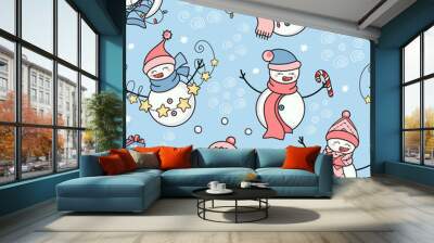 Seamless vector pattern with cute happy snowmen. Christmas theme hand drawn texture. Festive winter background for kids room decor, card, print, poster, advertising, fabric, wrapping paper, packaging. Wall mural