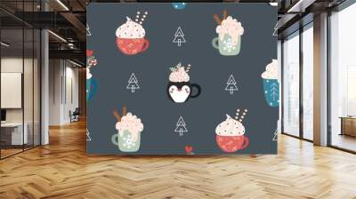 Seamless vector pattern with hand drawn mugs of hot cocoa and coffee. Cute Christmas illustration. Winter holiday background for wrapping paper, packaging, print, fabric, textile, card, wallpaper. Wall mural