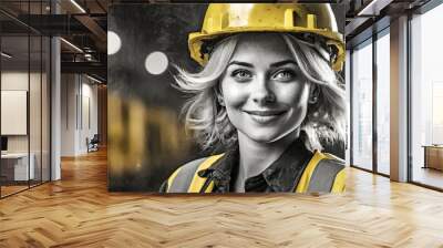 Dirty coal miner woman in a yellow hard hat on a dark background  Wall mural