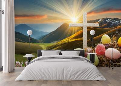 easter eggs in the meadow with religion Christian cross Wall mural