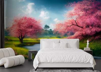 landscape with colorful trees in thes spring, Generative AI Art Illustration Wall mural