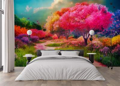 magical garden landscape with flowers and colorful trees generative ai illustration Wall mural