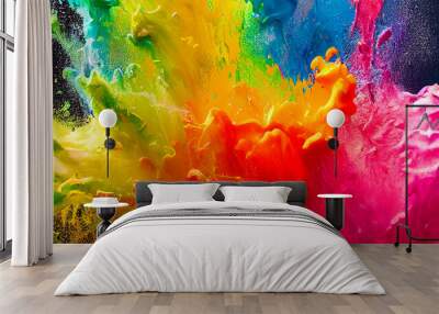 panorama exploding liquid paint in rainbow colors with splashes, generative ai illustration Wall mural