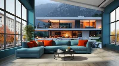 Contemporary minimalist design of a luxury villa with a glass exterior nestled in the mountains. Stunning mountain vistas from the villa's veranda. Cinematic luxury glamping experience Wall mural