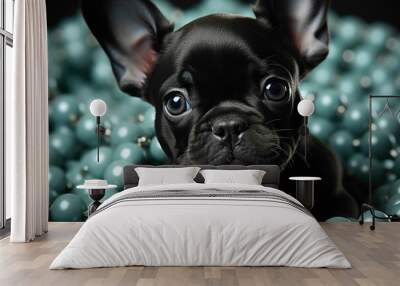 A cute mint-colored French Bulldog puppy sitting elegantly on a pristine white surface, capturing every charming detail. Wall mural