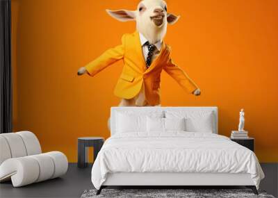 A delighted baby goat in a charming suit, prancing with happiness on a lively orange background. Wall mural