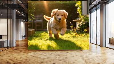 A fluffy golden retriever puppy chasing its tail in a sunlit backyard, the vibrant green grass contrasting with its soft fur. Wall mural