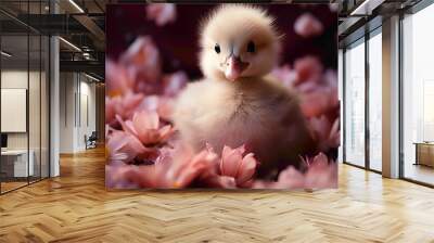 A fluffy pink duckling perched on a bed of pink petals, the delicate flowers providing a soft and sweet environment, capturing the essence of cuteness against a pink background. Wall mural