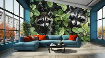 Curious baby raccoons exploring a dense thicket of green bushes. Wall mural