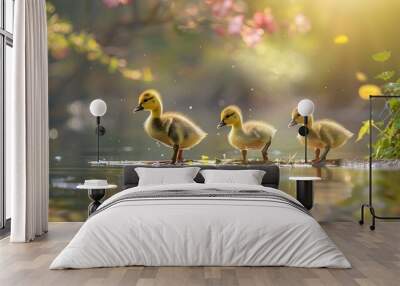 Fluffy goslings waddling in a row beside a tranquil pond. Wall mural