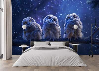 Fuzzy baby owlets perched on a tree branch under a starry night sky. Wall mural