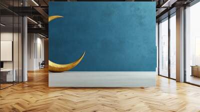 3d render illustration, a golden crescent moon on a blue background, ample space for text, ramadan and eid greeting card, Islamic concept Wall mural