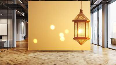 two golden arabic lanterns hanging on a light background, ample space for text, ramadan and eid banner concept Wall mural