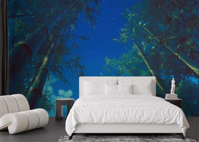 A view looking up at the bamboo from a bamboo grove. Styled like an anime or game background. Blue sky, sunset, sunrise, night, fog, snow, rain, cloudiness, autumn leaves, etc. Wall mural