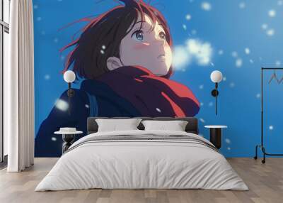 Anime girl high school girl in winter clothes looking up at the sky. Styled like an anime or game background. Blue sky, sunset, sunrise, night, fog, snow, rain, cloudiness, autumn leaves, etc. Wall mural