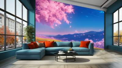 Cherry blossom scenery. Styled like an anime or game background. Blue sky, sunset, sunrise, night, fog, snow, rain, cloudiness, autumn leaves, rainbow, etc. Wall mural