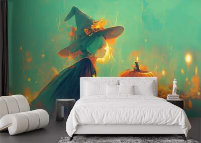 Halloween, jack-o-lanterns and witch girls. Styled like an anime or game background. Blue sky, sunset, sunrise, night, fog, snow, rain, cloudiness, autumn leaves, etc. Wall mural