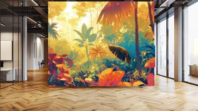 Jungle landscapes. Styled like an anime or game background. Blue sky, sunset, sunrise, night, fog, snow, rain, cloudiness, autumn leaves, etc. Wall mural