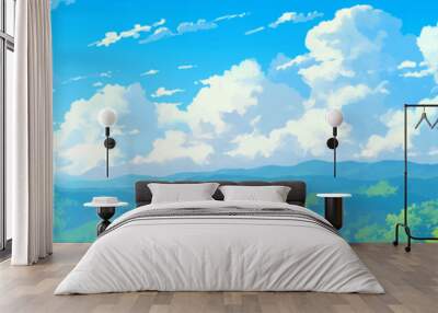 Jungle scenery. Styled like an anime or game background. Blue sky, sunset, sunrise, night, fog, snow, rain, cloudiness, autumn leaves, etc. Wall mural