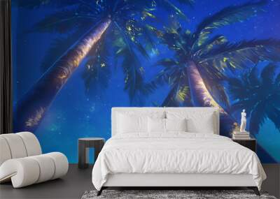 Landscape of palm trees. Styled like an anime or game background. Blue sky, sunset, sunrise, night, fog, snow, rain, cloudiness, autumn leaves, etc. Wall mural