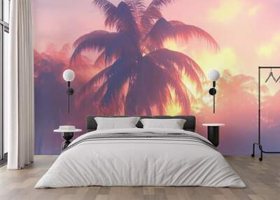 Landscape of palm trees. Styled like an anime or game background. Blue sky, sunset, sunrise, night, fog, snow, rain, cloudiness, autumn leaves, etc. Wall mural