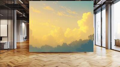 Landscape with big clouds. Styled like an anime or game background. Blue sky, sunset, sunrise, night, fog, snow, rain, cloudiness, autumn leaves, etc. Wall mural