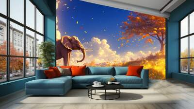 Landscape with elephants. Styled like an anime or game background. Blue sky, sunset, sunrise, night, fog, snow, rain, cloudiness, autumn leaves, etc. Wall mural